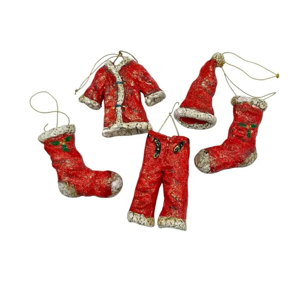 Set of 5 Santa Clothes Christmas Ornaments Red White Resin‎ Light Glitter EUC